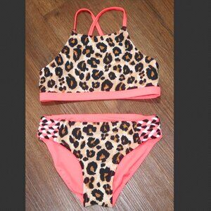 Girls Justice Reversible Bright Orange Cheetah Print 2pc Bikini Swimsuit size 8